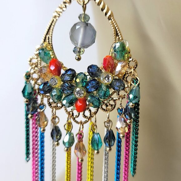 Colourful Crystals Long Tassel Earrings - Picture 4 of 7